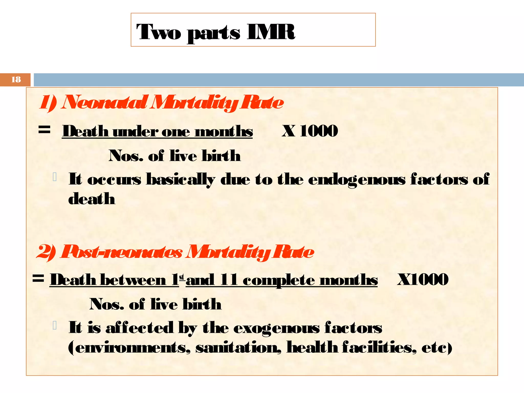 Two parts IMR
18

1) Neonatal M
ortality R
ate
= Death under one months X 1000


Nos. of live birth
It occurs basically due to the endogenous factors of
death

2) P
ost-neonates M
ortality R
ate
= Death between 1st and 11 complete months X1000


Nos. of live birth
It is affected by the exogenous factors
(environments, sanitation, health facilities, etc)

 
