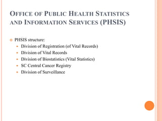 OFFICE OF PUBLIC HEALTH STATISTICS
AND INFORMATION SERVICES (PHSIS)
 PHSIS structure:
 Division of Registration (of Vital Records)
 Division of Vital Records
 Division of Biostatistics (Vital Statistics)
 SC Central Cancer Registry
 Division of Surveillance
 