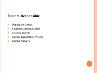 Factors Responsible
 Population Census
 Civil Registration System
 Hospital records
 Sample Registration System
 Sample Surveys
 