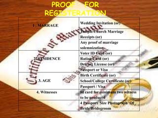 PROOF FOR
REGISTERATION
1 . MARRAGE
Wedding Invitation (or)
Temple/Church Marriage
Receipts (or)
Any proof of marriage
solemnization
2. RESIDENCE
Voter ID Card (or)
Ration Card (or)
Driving License (or)
Passport or Visa
3. AGE
Birth Certificate (or)
School/College Certificate (or)
Passport / Visa
4. Witnesses Id card for minimum two witness
to be produced
4 Passport Size Photograph Of
Bride/Bridegroom
 