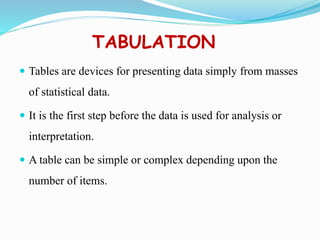 TABULATION
 Tables are devices for presenting data simply from masses
of statistical data.
 It is the first step before the data is used for analysis or
interpretation.
 A table can be simple or complex depending upon the
number of items.
 
