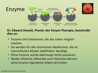 Enzyme
Dr. Edward Howell, Pionier der Enzym-Therapie, beschreibt
dies so:
• Enzyme sind Substanzen, die das Leben möglich
machen.
• Sie werden für alle chemischen Reaktionen, die im
menschlichen Körper stattfinden, benötigt.
• Ohne Enzyme würde überhaupt nichts passieren.
• Weder Vitamine, Minerale noch Hormone können
ohne Enzyme irgendeine Arbeit verrichten.
 