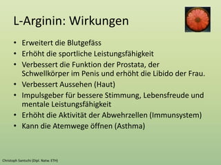 L-Arginin: Wirkungen
• Erweitert die Blutgefäss
• Erhöht die sportliche Leistungsfähigkeit
• Verbessert die Funktion der Prostata, der
Schwellkörper im Penis und erhöht die Libido der Frau.
• Verbessert Aussehen (Haut)
• Impulsgeber für bessere Stimmung, Lebensfreude und
mentale Leistungsfähigkeit
• Erhöht die Aktivität der Abwehrzellen (Immunsystem)
• Kann die Atemwege öffnen (Asthma)
 