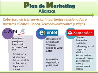 Plan de Marketing
                        Alianzas
Cobertura de tres servicios importantes relacionados a
nuestros clientes: Banca, Telecomunicaciones y Viajes.

                        ENTEL                    Santander

     Descuento                                               Clientes
                                Descuento en
     pasajeros                                               Santander
                                arriendo de
     lanpass sin                                             recibirán
                                Vitalus a
     acceso a Salón                                          refresco gratis al
                                socios de Zona
     VIP                                                     pagar por
                                Entel
                                                             Vitalus
      Publicidad a                                           Por cada refresco
      Vitalus dentro                                         entregado pagará
      del terminal de           Monto fijo                   porcentaje del
      embarque y                destinado a                  costo y
      llegada de                publicidad.                  promocionará
      vuelos.                                                Vitalus.
 