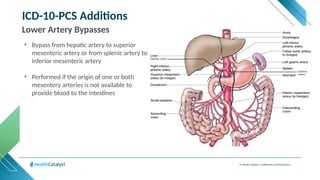 © Health Catalyst. Confidential and Proprietary.
ICD-10-PCS Additions
Lower Artery Bypasses
• Bypass from hepatic artery to superior
mesenteric artery or from splenic artery to
inferior mesenteric artery
• Performed if the origin of one or both
mesentery arteries is not available to
provide blood to the intestines
https://libmaneducation.com/
 