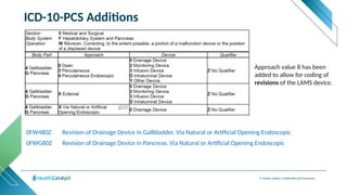 © Health Catalyst. Confidential and Proprietary.
ICD-10-PCS Additions
0FW480Z Revision of Drainage Device in Gallbladder, Via Natural or Artificial Opening Endoscopic
0FWG80Z Revision of Drainage Device in Pancreas, Via Natural or Artificial Opening Endoscopic
Approach value 8 has been
added to allow for coding of
revisions of the LAMS device.
 