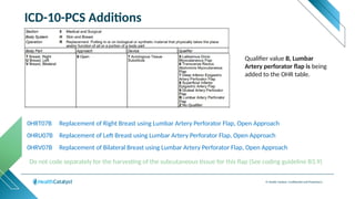© Health Catalyst. Confidential and Proprietary.
ICD-10-PCS Additions
0HRT07B Replacement of Right Breast using Lumbar Artery Perforator Flap, Open Approach
0HRU07B Replacement of Left Breast using Lumbar Artery Perforator Flap, Open Approach
0HRV07B Replacement of Bilateral Breast using Lumbar Artery Perforator Flap, Open Approach
Qualifier value B, Lumbar
Artery perforator flap is being
added to the OHR table.
Do not code separately for the harvesting of the subcutaneous tissue for this flap (See coding guideline B3.9)
 