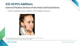 © Health Catalyst. Confidential and Proprietary.
ICD-10-PCS Additions
External Fixation Devices of the Head and Facial Bones
• Used to reposition nasal, maxillary, and mandibular fractures
https://www.thepmfajournal.com/education/case-reports/post/old-dogs-can-learn-new-tricks-the-use-of-an-
often-overlooked-treatment-modality-for-pathologically-fractured-mandibles
 