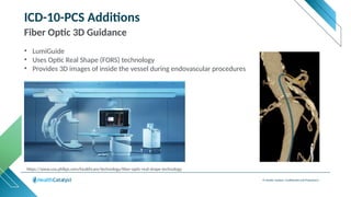 © Health Catalyst. Confidential and Proprietary.
ICD-10-PCS Additions
Fiber Optic 3D Guidance
• LumiGuide
• Uses Optic Real Shape (FORS) technology
• Provides 3D images of inside the vessel during endovascular procedures
https://www.usa.philips.com/healthcare/technology/fiber-optic-real-shape-technology
 