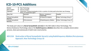 © Health Catalyst. Confidential and Proprietary.
ICD-10-PCS Additions
X05133A Destruction of Renal Sympathetic Nerve(s) using Radiofrequency Ablation,Percutaneous
Approach, New Technology Group 10
The body part value is 1, Renal Sympathetic nerve(s) in the X05 table in New Technology. The
Device/Substance/Technology value of 3, Radiofrequency ablation describes the complete denervation
process, done percutaneously in both main renal arteries.
 