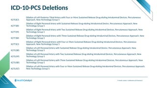© Health Catalyst. Confidential and Proprietary.
X27S3C5
Dilation of Left Posterior Tibial Artery with Four or More Sustained Release Drug-eluting Intraluminal Devices, Percutaneous
Approach, New Technology Group 5
X27T385
Dilation of Right Peroneal Artery with Sustained Release Drug-eluting Intraluminal Device, Percutaneous Approach, New
Technology Group 5
X27T395
Dilation of Right Peroneal Artery with Two Sustained Release Drug-eluting Intraluminal Devices, Percutaneous Approach, New
Technology Group 5
X27T3B5
Dilation of Right Peroneal Artery with Three Sustained Release Drug-eluting Intraluminal Devices, Percutaneous Approach, New
Technology Group 5
X27T3C5
Dilation of Right Peroneal Artery with Four or More Sustained Release Drug-eluting Intraluminal Devices, Percutaneous
Approach, New Technology Group 5
X27U385
Dilation of Left Peroneal Artery with Sustained Release Drug-eluting Intraluminal Device, Percutaneous Approach, New
Technology Group 5
X27U395
Dilation of Left Peroneal Artery with Two Sustained Release Drug-eluting Intraluminal Devices, Percutaneous Approach, New
Technology Group 5
X27U3B5
Dilation of Left Peroneal Artery with Three Sustained Release Drug-eluting Intraluminal Devices, Percutaneous Approach, New
Technology Group 5
X27U3C5
Dilation of Left Peroneal Artery with Four or More Sustained Release Drug-eluting Intraluminal Devices, Percutaneous Approach,
New Technology Group 5
ICD-10-PCS Deletions
 