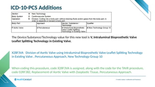 © Health Catalyst. Confidential and Proprietary.
ICD-10-PCS Additions
The Device/Substance/Technology value for this new tool is V, Intraluminal Bioprosthetic Valve
Leaflet Splitting Technology in Existing Valve.
X28F3VA Division of Aortic Valve using Intraluminal Bioprosthetic Valve Leaflet Splitting Technology
in Existing Valve , Percutaneous Approach, New Technology Group 10
When coding this procedure, code X28F3VA is assigned, along with the code for the TAVR procedure,
code 02RF38Z, Replacement of Aortic Valve with Zooplastic Tissue, Percutaneous Approach.
 