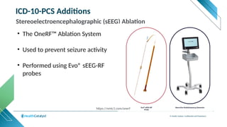 © Health Catalyst. Confidential and Proprietary.
ICD-10-PCS Additions
• The OneRF™ Ablation System
• Used to prevent seizure activity
• Performed using Evo® sEEG-RF
probes
Stereoelectroencephalographic (sEEG) Ablation
https://nmtc1.com/onerf
 