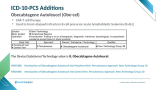 © Health Catalyst. Confidential and Proprietary.
ICD-10-PCS Additions
Obecabtagene Autoleucel (Obe-cel)
XW0338A Introduction of Obecabtagene Autoleucel into Peripheral Vein, Percutaneous Approach, New Technology Group 10
The Device/Substance/Technology value is 8, Obecabtagene Autoleucel.
XW0438A Introduction of Obecabtagene Autoleucel into Central Vein, Percutaneous Approach, New Technology Group 10
• CAR-T cell therapy
• Used to treat relapsed/refractory B-cell precursor acute lymphoblastic leukemia (B-ALL)
 