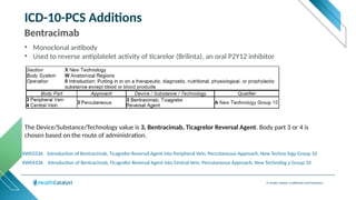© Health Catalyst. Confidential and Proprietary.
ICD-10-PCS Additions
Bentracimab
XW0433A Introduction of Bentracimab, Ticagrelor Reversal Agent into Central Vein, Percutaneous Approach, New Technolog y Group 10
The Device/Substance/Technology value is 3, Bentracimab, Ticagrelor Reversal Agent. Body part 3 or 4 is
chosen based on the route of administration.
XW0333A Introduction of Bentracimab, Ticagrelor Reversal Agent into Peripheral Vein, Percutaneous Approach, New Techno logy Group 10
• Monoclonal antibody
• Used to reverse antiplatelet activity of ticarelor (Brilinta), an oral P2Y12 inhibitor
 