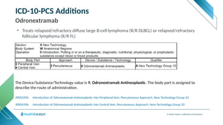 © Health Catalyst. Confidential and Proprietary.
ICD-10-PCS Additions
Odronextramab
XW0439A Introduction of Odronextamab Antineoplastic into Central Vein, Percutaneous Approach, New Technology Group 10
XW0339A Introduction of Odronextamab Antineoplastic into Peripheral Vein, Percutaneous Approach, New Technology Group 10
The Device/Substance/Technology value is 9, Odronextramab Antineoplastic. The body part is assigned to
describe the route of administration.
• Treats relapsed/refractory diffuse large B-cell lymphoma (R/R DLBCL) or relapsed/refractory
follicular lymphoma (R/R FL)
 