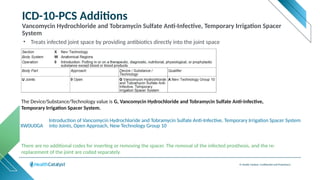 © Health Catalyst. Confidential and Proprietary.
ICD-10-PCS Additions
Vancomycin Hydrochloride and Tobramycin Sulfate Anti-Infective, Temporary Irrigation Spacer
System
XW0U0GA
Introduction of Vancomycin Hydrochloride and Tobramycin Sulfate Anti-Infective, Temporary Irrigation Spacer System
into Joints, Open Approach, New Technology Group 10
The Device/Substance/Technology value is G, Vancomycin Hydrochloride and Tobramycin Sulfate Anti-infective,
Temporary Irrigation Spacer System.
• Treats infected joint space by providing antibiotics directly into the joint space
There are no additional codes for inserting or removing the spacer. The removal of the infected prosthesis, and the re-
replacement of the joint are coded separately.
 