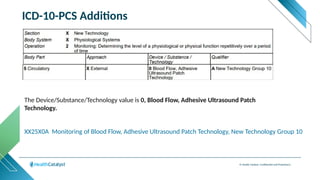 © Health Catalyst. Confidential and Proprietary.
ICD-10-PCS Additions
XX25X0A Monitoring of Blood Flow, Adhesive Ultrasound Patch Technology, New Technology Group 10
The Device/Substance/Technology value is 0, Blood Flow, Adhesive Ultrasound Patch
Technology.
 