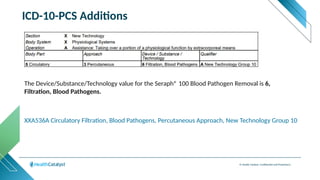 © Health Catalyst. Confidential and Proprietary.
ICD-10-PCS Additions
XXA536A Circulatory Filtration, Blood Pathogens, Percutaneous Approach, New Technology Group 10
The Device/Substance/Technology value for the Seraph® 100 Blood Pathogen Removal is 6,
Filtration, Blood Pathogens.
 