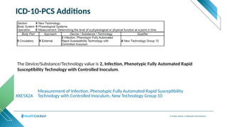© Health Catalyst. Confidential and Proprietary.
ICD-10-PCS Additions
XXE5X2A
Measurement of Infection, Phenotypic Fully Automated Rapid Susceptibility
Technology with Controlled Inoculum, New Technology Group 10
The Device/Substance/Technology value is 2, Infection, Phenotypic Fully Automated Rapid
Susceptibility Technology with Controlled Inoculum.
 