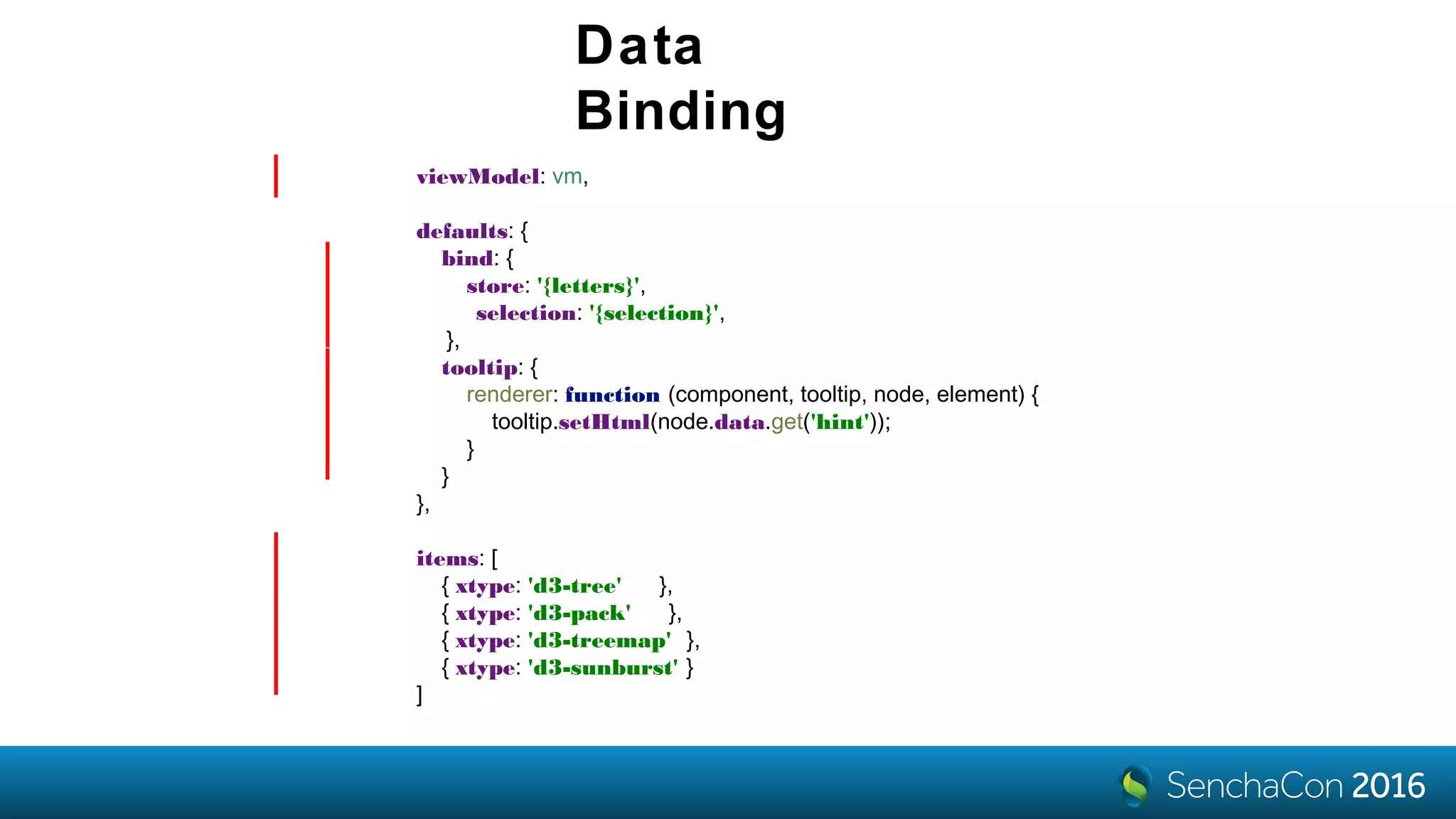 Data
Binding
viewModel: vm,
defaults: {
bind: {
store: '{letters}',
selection: '{selection}',
},
tooltip: {
renderer: function (component, tooltip, node, element) {
tooltip.setHtml(node.data.get('hint'));
}
}
},
items: [
{ xtype: 'd3-tree' },
{ xtype: 'd3-pack' },
{ xtype: 'd3-treemap' },
{ xtype: 'd3-sunburst' }
]
 