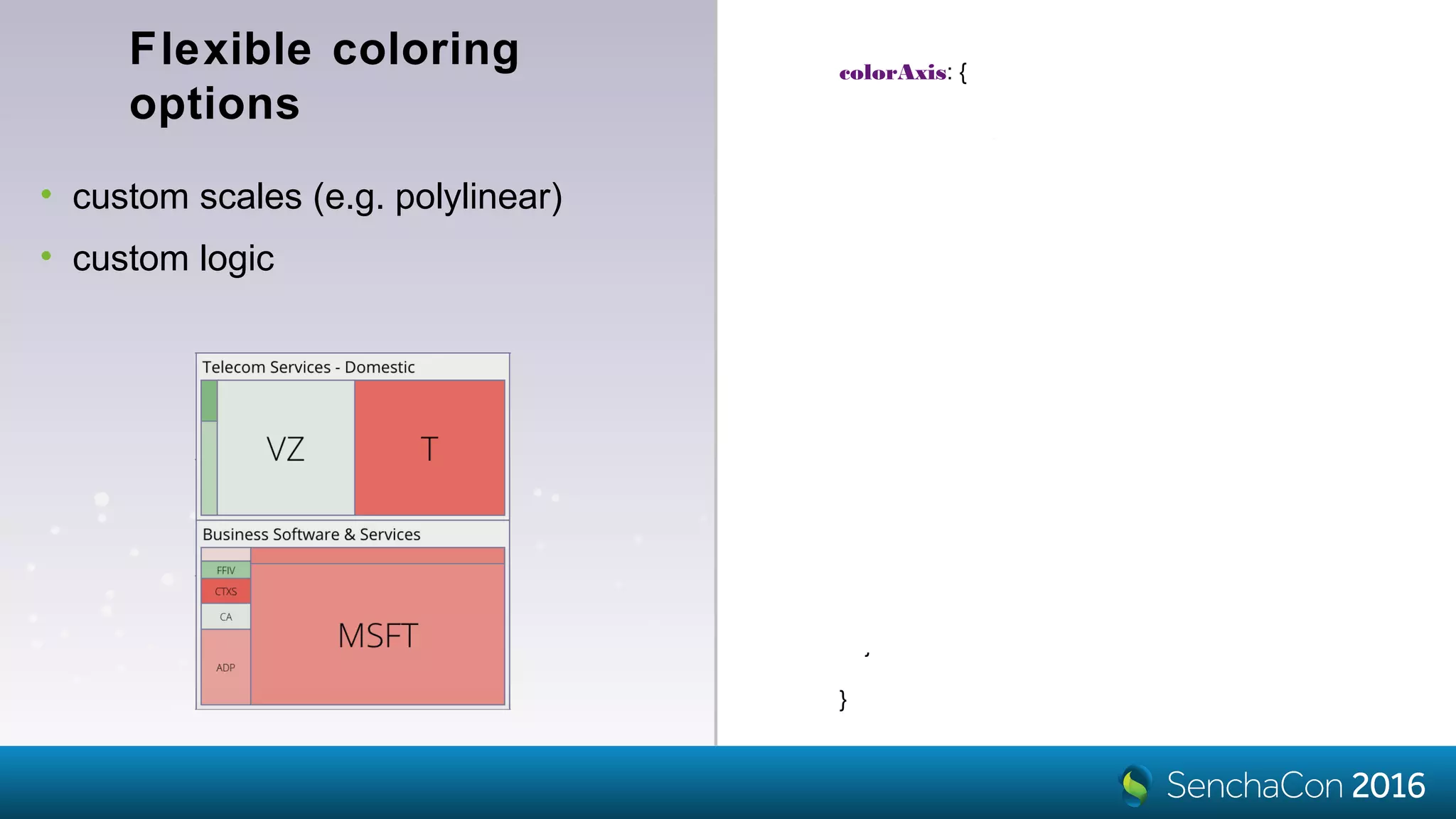 Flexible coloring
options
• custom scales (e.g. polylinear)
• custom logic
colorAxis: {
field: 'change',
scale: {
type: 'linear',
domain: [ -5, 0, 5 ],
range: ['red', 'lightgray', 'green']
},
processor: function (axis, scale, node, field) {
var record = node.data;
return record.isLeaf()
? scale(record.get(field))
: 'lightgray'; // sector color
}
}
 