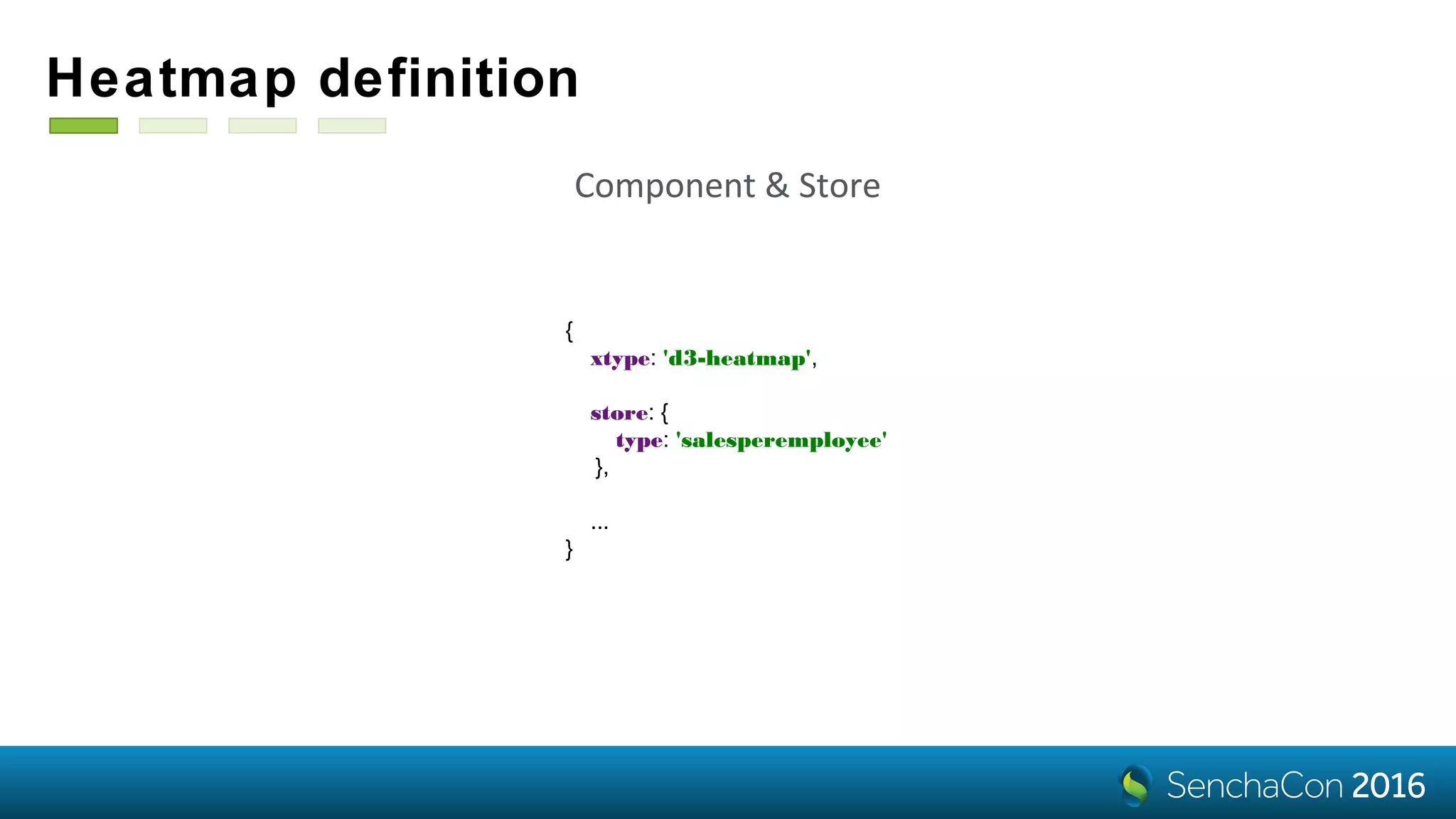 Heatmap definition
{
xtype: 'd3-heatmap',
store: {
type: 'salesperemployee'
},
...
}
Component & Store
 