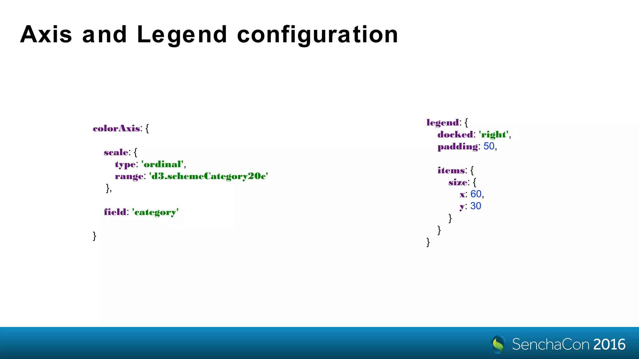 Axis and Legend configuration
colorAxis: {
scale: {
type: 'ordinal',
range: 'd3.schemeCategory20c'
},
field: 'category'
}
legend: {
docked: 'right',
padding: 50,
items: {
size: {
x: 60,
y: 30
}
}
}
 