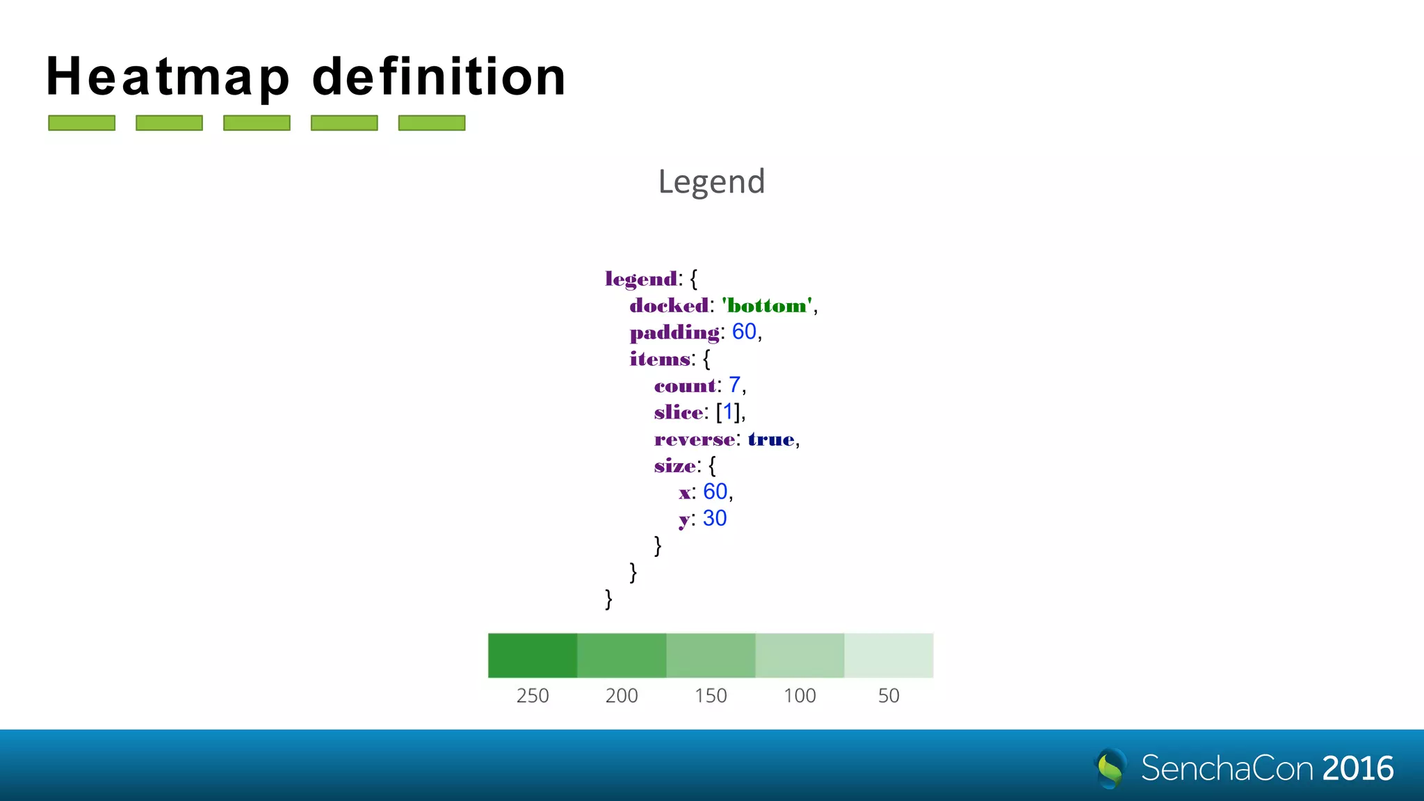 Heatmap definition
legend: {
docked: 'bottom',
padding: 60,
items: {
count: 7,
slice: [1],
reverse: true,
size: {
x: 60,
y: 30
}
}
}
Legend
 