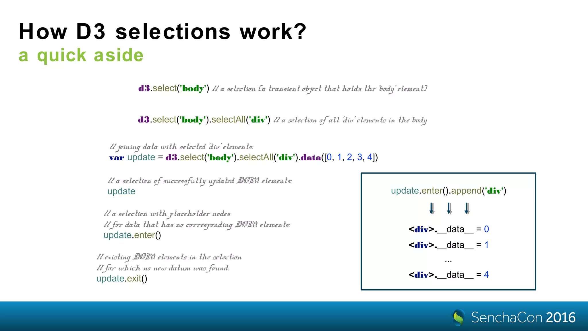 How D3 selections work?
a quick aside
d3.select('body') // a selection (a transient object that holds the 'body' element)
d3.select('body').selectAll('div') // a selection of all 'div' elements in the body
// joining data with selected 'div' elements:
var update = d3.select('body').selectAll('div').data([0, 1, 2, 3, 4])
// existing DOM elements in the selection
// for which no new datum was found:
update.exit()
// a selection of successfully updated DOM elements:
update
// a selection with placeholder nodes
// for data that has no corresponding DOM elements:
update.enter()
update.enter().append('div')
<div>.__data__ = 0
<div>.__data__ = 1
...
<div>.__data__ = 4
 