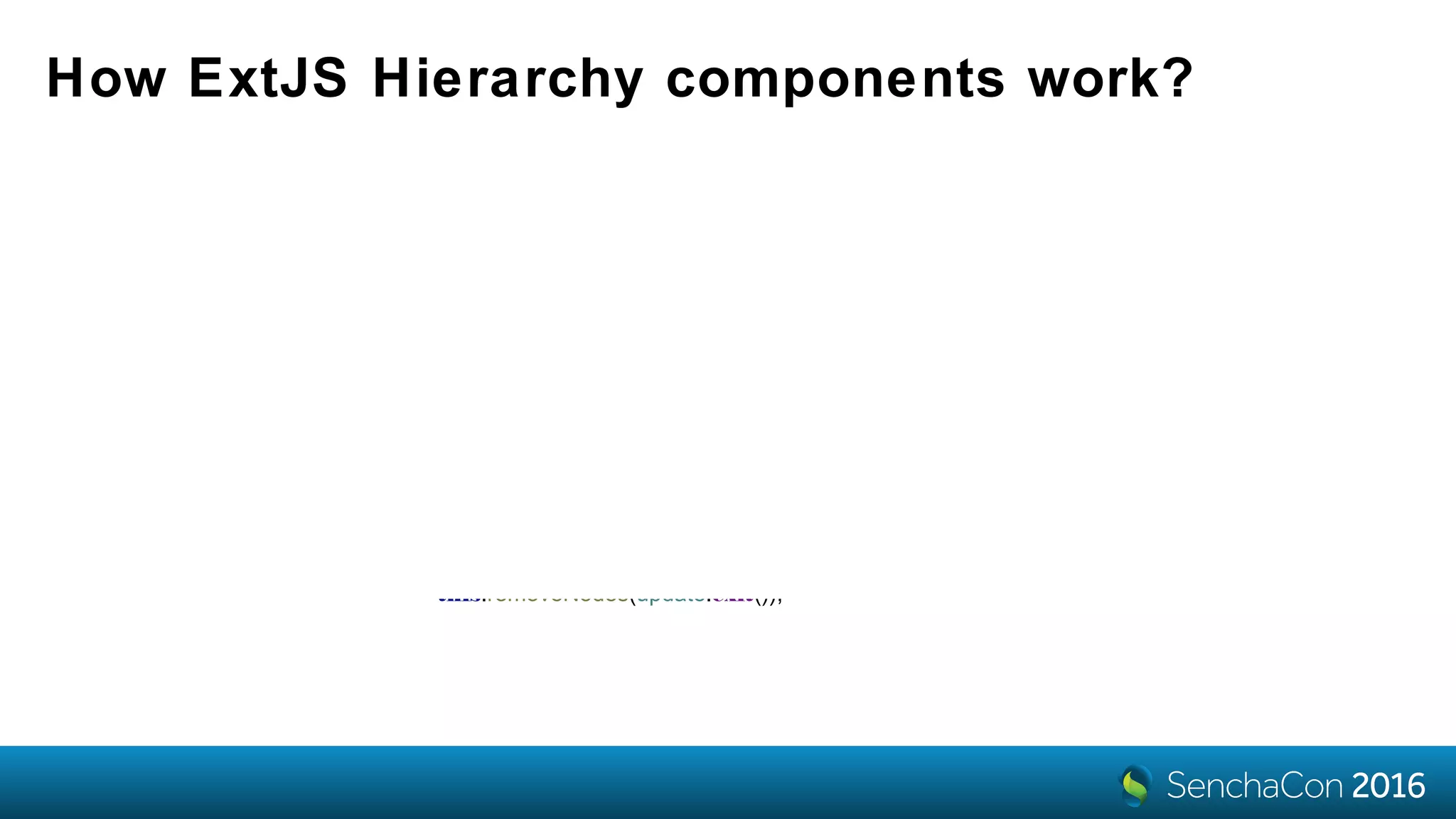 How ExtJS Hierarchy components work?
var layout = d3.tree();
var layoutRoot = layout(d3.hierarchy(storeRoot));
var nodes = layoutRoot.descendants();
var update = scene.selectAll(‘.x-d3-node').data(nodes);
this.addNodes(update.enter());
this.updateNodes(update);
this.removeNodes(update.exit());
 