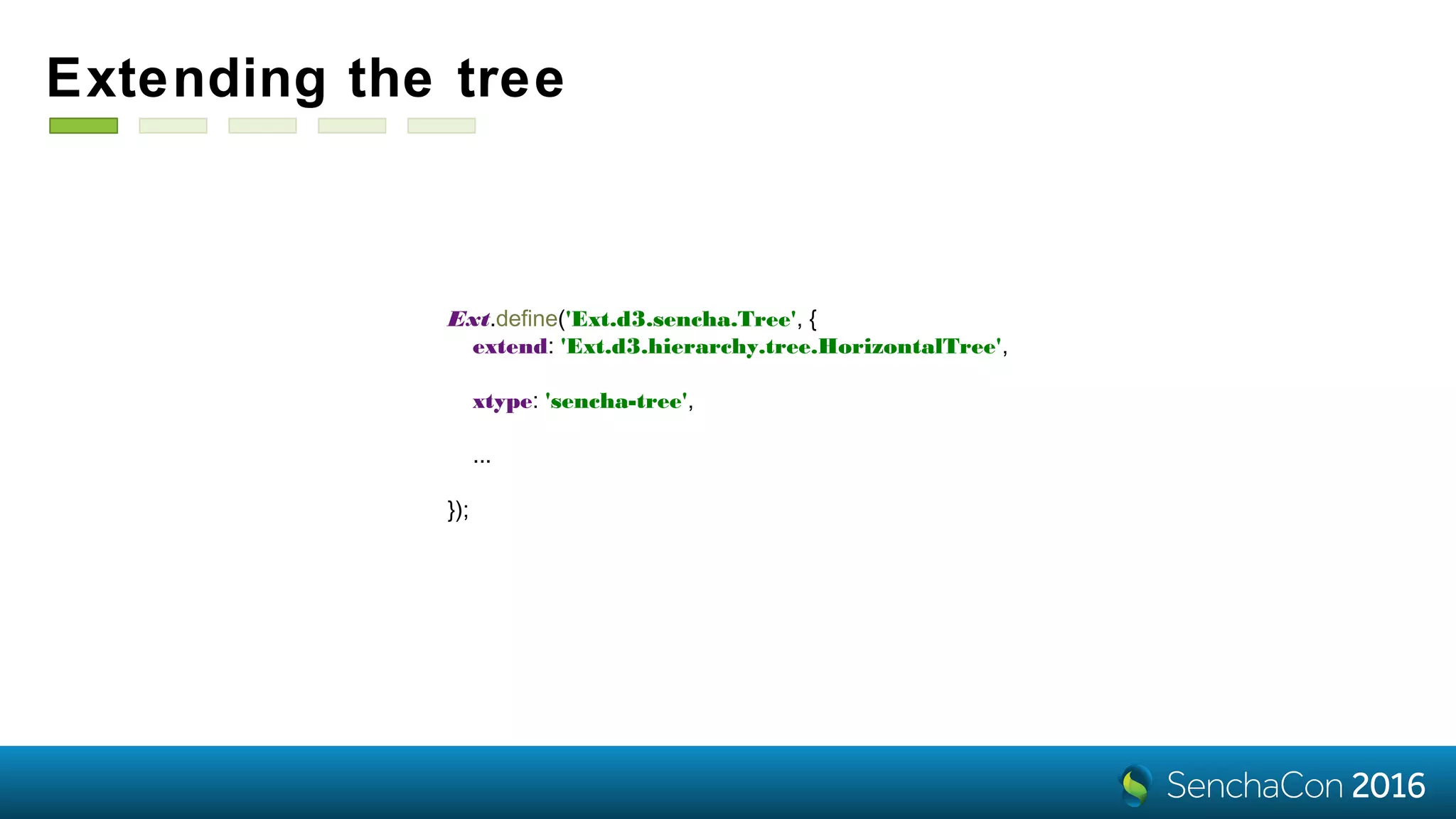 Ext.define('Ext.d3.sencha.Tree', {
extend: 'Ext.d3.hierarchy.tree.HorizontalTree',
xtype: 'sencha-tree',
...
});
Extending the tree
 