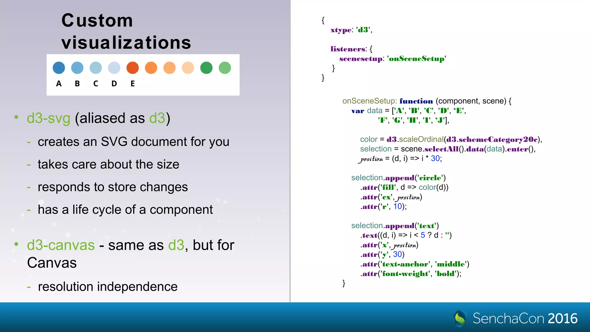 Custom
visualizations
• d3-svg (aliased as d3)
- creates an SVG document for you
- takes care about the size
- responds to store changes
- has a life cycle of a component
onSceneSetup: function (component, scene) {
var data = ['A', 'B', 'C', 'D', ‘E',
'F', 'G', 'H', 'I', ‘J'],
color = d3.scaleOrdinal(d3.schemeCategory20c),
selection = scene.selectAll().data(data).enter(),
position = (d, i) => i * 30;
selection.append('circle')
.attr('fill', d => color(d))
.attr('cx', position)
.attr('r', 10);
selection.append('text')
.text((d, i) => i < 5 ? d : '')
.attr('x', position)
.attr('y', 30)
.attr('text-anchor', 'middle')
.attr('font-weight', 'bold');
}
{
xtype: 'd3',
listeners: {
scenesetup: 'onSceneSetup'
}
}
• d3-canvas - same as d3, but for
Canvas
- resolution independence
 
