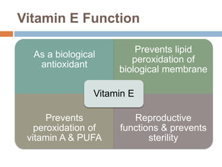 Vitamin E Function
As a biological
antioxidant
Prevents lipid
peroxidation of
biological membrane
Prevents
peroxidation of
vitamin A & PUFA
Reproductive
functions & prevents
sterility
Vitamin E
 