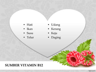 SUMBER VITAMIN B12
• Hati
• Ikan
• Susu
• Telur
• Udang
• Kerang
• Keju
• Daging
 