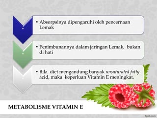 METABOLISME VITAMIN E
*
• Absorpsinya dipengaruhi oleh pencernaan
Lemak
*
• Penimbunannya dalam jaringan Lemak, bukan
di hati
*
• Bila diet mengandung banyak unsaturated fatty
acid, maka keperluan Vitamin E meningkat.
 