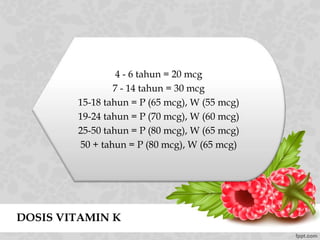 4 - 6 tahun = 20 mcg
7 - 14 tahun = 30 mcg
15-18 tahun = P (65 mcg), W (55 mcg)
19-24 tahun = P (70 mcg), W (60 mcg)
25-50 tahun = P (80 mcg), W (65 mcg)
50 + tahun = P (80 mcg), W (65 mcg)
DOSIS VITAMIN K
 