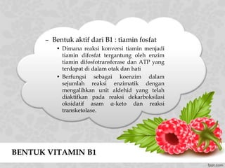 BENTUK VITAMIN B1
– Bentuk aktif dari B1 : tiamin fosfat
• Dimana reaksi konversi tiamin menjadi
tiamin difosfat tergantung oleh enzim
tiamin difosfotransferase dan ATP yang
terdapat di dalam otak dan hati
• Berfungsi sebagai koenzim dalam
sejumlah reaksi enzimatik dengan
mengalihkan unit aldehid yang telah
diaktifkan pada reaksi dekarboksilasi
oksidatif asam α-keto dan reaksi
transketolase.
 