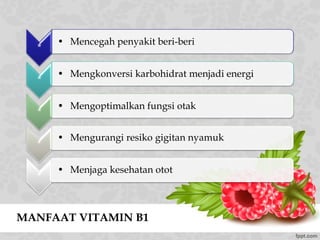 MANFAAT VITAMIN B1
*
• Mencegah penyakit beri-beri
*
• Mengkonversi karbohidrat menjadi energi
*
• Mengoptimalkan fungsi otak
*
• Mengurangi resiko gigitan nyamuk
*
• Menjaga kesehatan otot
 