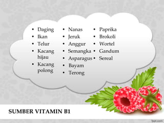 SUMBER VITAMIN B1
• Daging
• Ikan
• Telur
• Kacang
hijau
• Kacang
polong
• Nanas
• Jeruk
• Anggur
• Semangka
• Asparagus
• Bayam
• Terong
• Paprika
• Brokoli
• Wortel
• Gandum
• Sereal
 