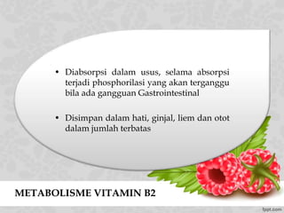 METABOLISME VITAMIN B2
• Diabsorpsi dalam usus, selama absorpsi
terjadi phosphorilasi yang akan terganggu
bila ada gangguan Gastrointestinal
• Disimpan dalam hati, ginjal, liem dan otot
dalam jumlah terbatas
 