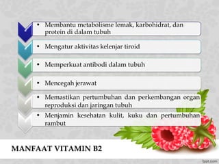 MANFAAT VITAMIN B2
*
• Membantu metabolisme lemak, karbohidrat, dan
protein di dalam tubuh
*
• Mengatur aktivitas kelenjar tiroid
*
• Memperkuat antibodi dalam tubuh
*
• Mencegah jerawat
*
• Memastikan pertumbuhan dan perkembangan organ
reproduksi dan jaringan tubuh
*
• Menjamin kesehatan kulit, kuku dan pertumbuhan
rambut
 