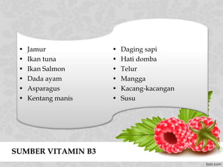 SUMBER VITAMIN B3
• Jamur
• Ikan tuna
• Ikan Salmon
• Dada ayam
• Asparagus
• Kentang manis
• Daging sapi
• Hati domba
• Telur
• Mangga
• Kacang-kacangan
• Susu
 