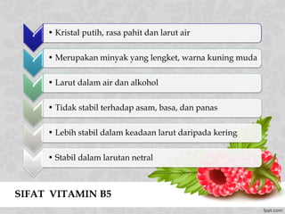 SIFAT VITAMIN B5
*
• Kristal putih, rasa pahit dan larut air
*
• Merupakan minyak yang lengket, warna kuning muda
*
• Larut dalam air dan alkohol
• Tidak stabil terhadap asam, basa, dan panas
• Lebih stabil dalam keadaan larut daripada kering
• Stabil dalam larutan netral
 