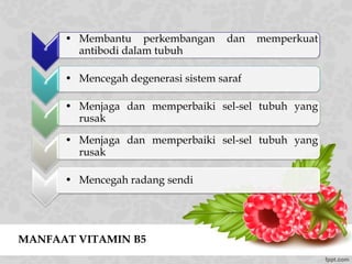 MANFAAT VITAMIN B5
*
• Membantu perkembangan dan memperkuat
antibodi dalam tubuh
*
• Mencegah degenerasi sistem saraf
*
• Menjaga dan memperbaiki sel-sel tubuh yang
rusak
*
• Menjaga dan memperbaiki sel-sel tubuh yang
rusak
*
• Mencegah radang sendi
 