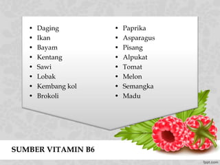 SUMBER VITAMIN B6
• Daging
• Ikan
• Bayam
• Kentang
• Sawi
• Lobak
• Kembang kol
• Brokoli
• Paprika
• Asparagus
• Pisang
• Alpukat
• Tomat
• Melon
• Semangka
• Madu
 