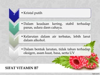 SIFAT VITAMIN B7
*
•Kristal putih
*
•Dalam keadaan kering, stabil terhadap
panas, udara dasn cahaya.
*
•Kelarutan dalam air terbatas, lebih larut
dalam alkohol.
*
•Dalam bentuk larutan, tidak tahan terhadap
oksigen, asam kuat, basa, serta UV
 