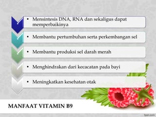 MANFAAT VITAMIN B9
*
• Mensintesis DNA, RNA dan sekaligus dapat
memperbaikinya
*
• Membantu pertumbuhan serta perkembangan sel
*
• Membantu produksi sel darah merah
*
• Menghindrakan dari kecacatan pada bayi
*
• Meningkatkan kesehatan otak
 