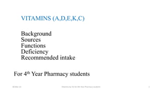 For 4th Year Pharmacy students
VITAMINS (A,D,E,K,C)
Background
Sources
Functions
Deficiency
Recommended intake
30-Mar-22 Vitamins by Y.G for 4th Year Pharmacy students 1
 