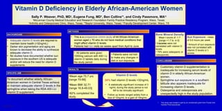 Vitamin D Deficiency in Elderly African-American Women Sally P. Weaver, PhD, MD † , Eugene Fung, MD * , Ben Collins ** , and Cindy Passmore, MA †† † McLennan County Medical Education and Research Foundation Family Practice Residency Program, Waco, Texas; * Arthritis and Osteoporosis Clinic, Waco, Texas;  ** Baylor University, Waco, Texas;  †† Faculty Development Center, Waco, TX ,[object Object],[object Object],[object Object],To document whether elderly African-American women in Central Texas achieve or maintain adequate vitamin D levels in the springtime when taking the RDA 400 I.U. vitamin D supplement.  BACKGROUND SPECIFIC AIM RESULTS CONCLUSIONS ,[object Object],[object Object],[object Object],[object Object],[object Object],METHODS ,[object Object],[object Object],[object Object],[object Object],[object Object],[object Object],[object Object],[object Object],[object Object],[object Object],[object Object],[object Object],[object Object],[object Object],[object Object],[object Object]